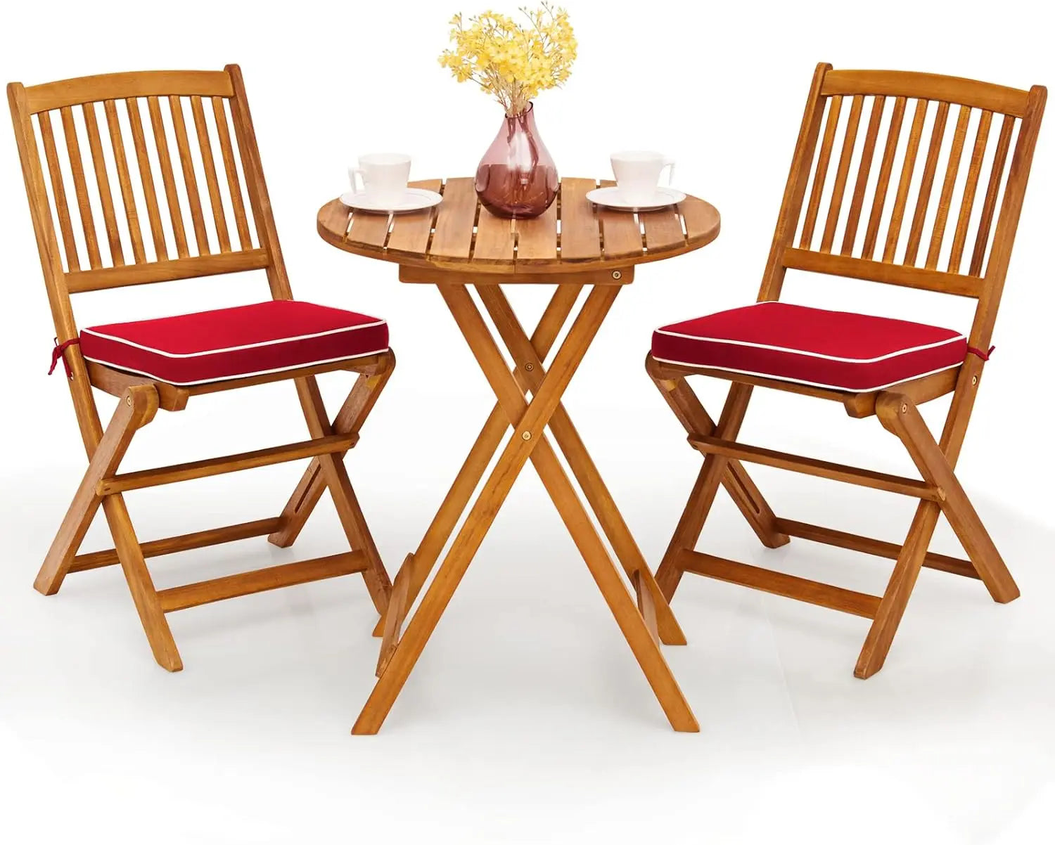 3pcs patio bistro set wood folding table 2 cushioned chairs for garden yard outdoor furniture round - natural red