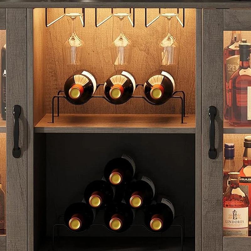 Wine bar cabinet with led light tempered glass doors power outlet and goblet holder,liquor storage for dining room