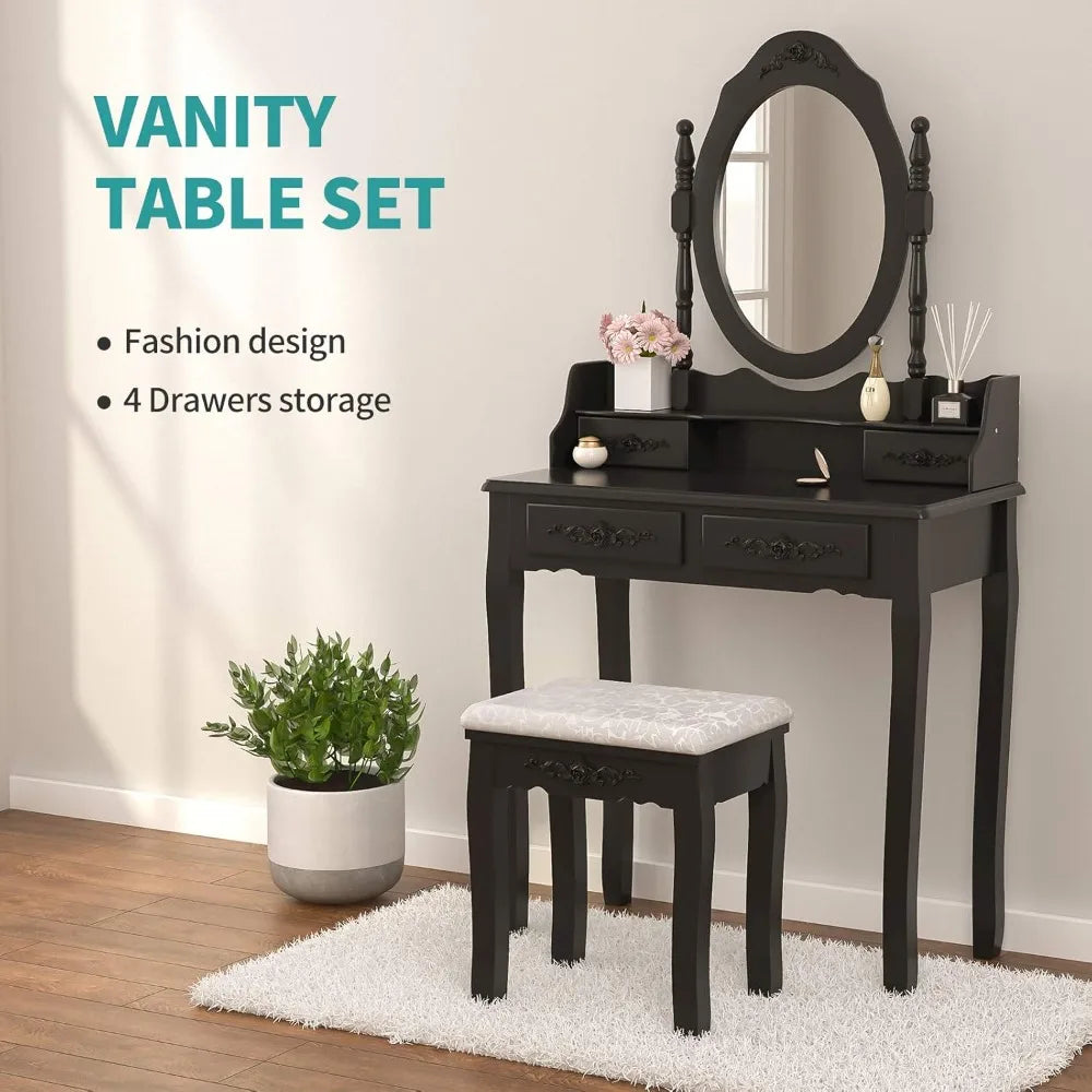 Girls vanity desk makeup set with mirror & stool table black 4 drawers vintage rose carving - united states