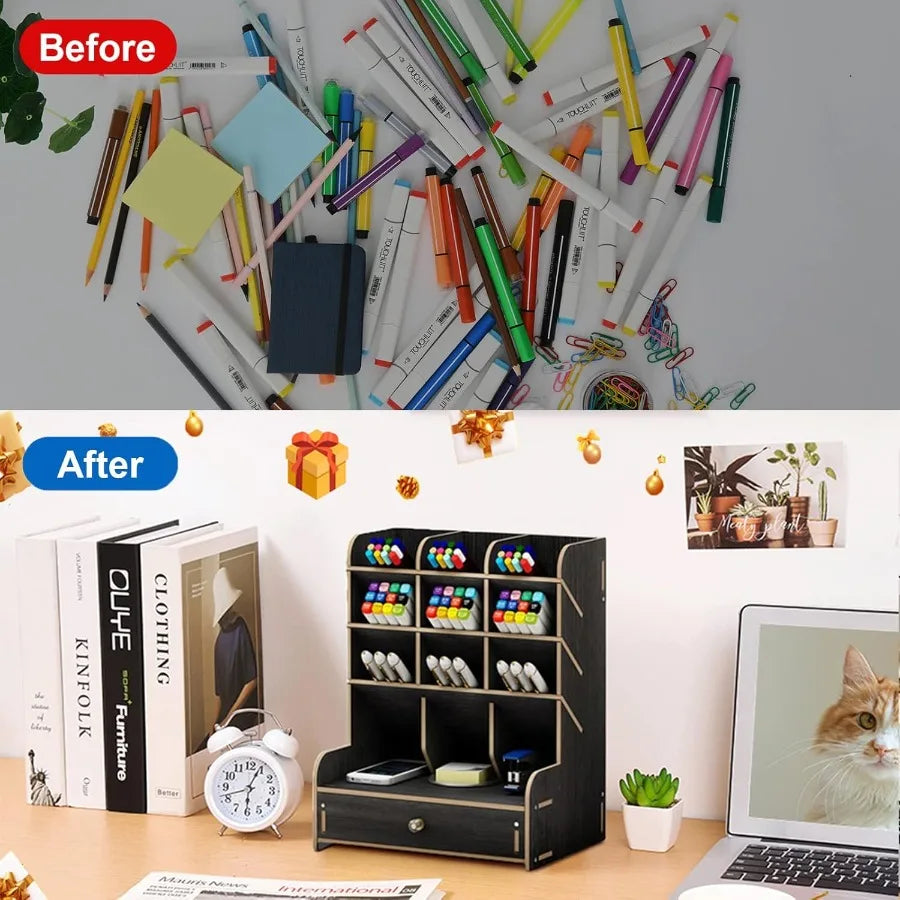 Wooden desk organizer multi-functional diy pen holder for home office desktop stationary storage with drawer easy