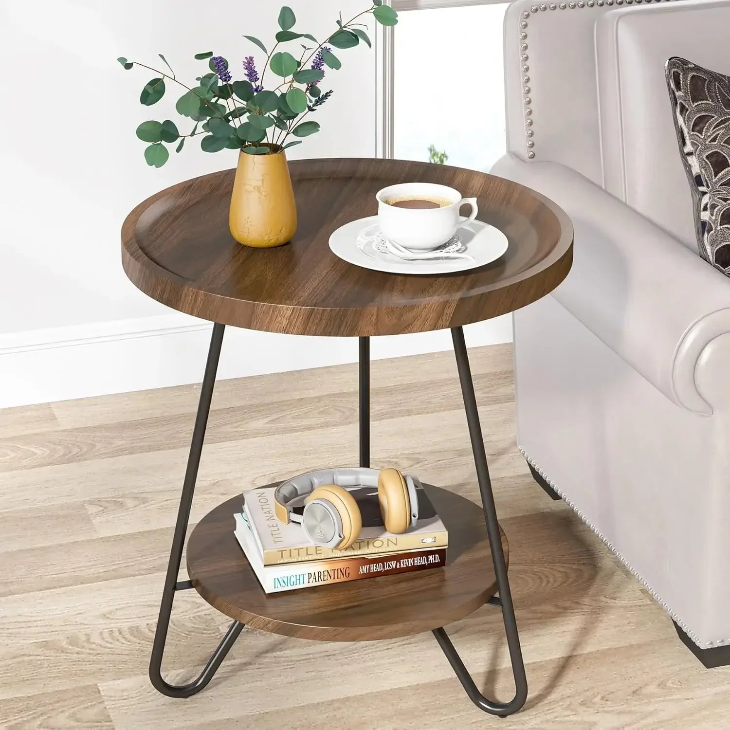 Round side table 2-tier end with metal legs modern industrial beside small accent snack for living - united states