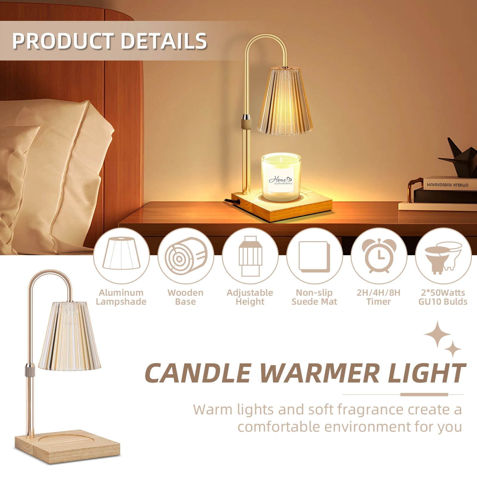 Candle heating lamp with adjustable height electric light with timer suitable for scented large cans of candles