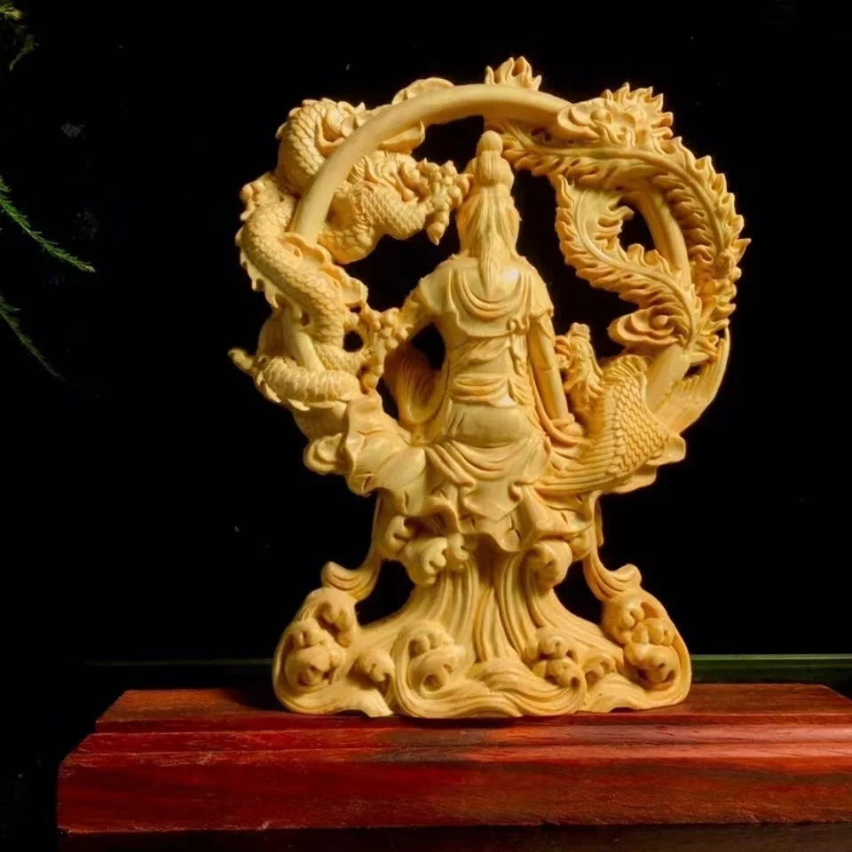 Chinese guanyin woodcarving dragon and phoenix statue solid wood carving home decor buddha - 22x21x4.5cm - religious