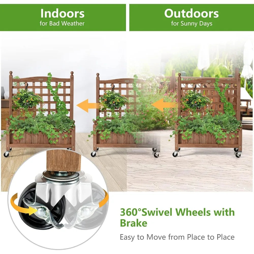 Giantex set of 2 mobile plant raised bed wood planter with lattice trellis and wheels flower box for climbing vertical