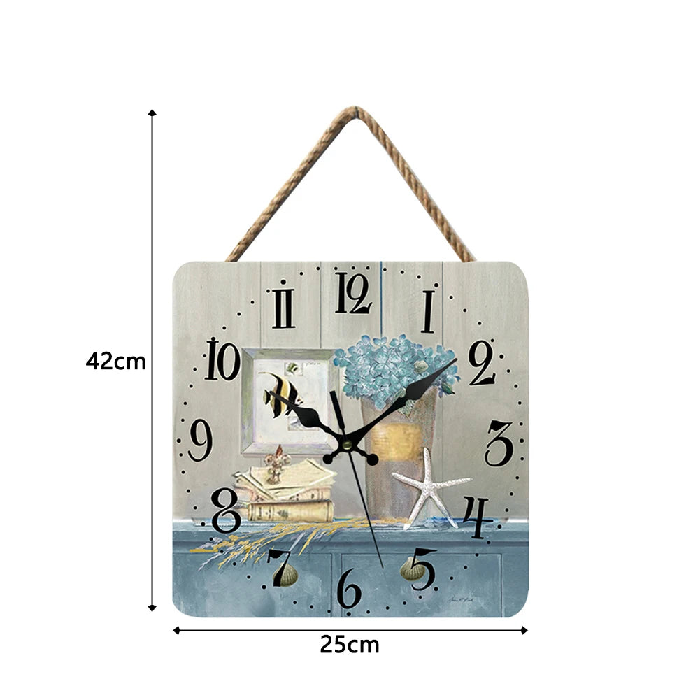10 inch wooden wall clock creative retro square silent hanging clocks home decoration for bedroom living room - blue