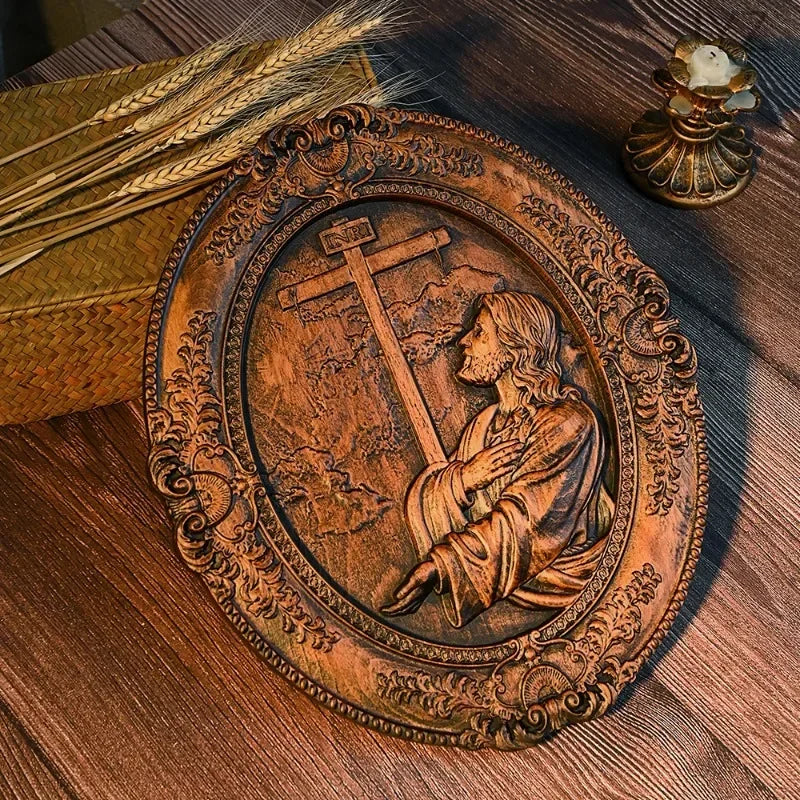 Vintage religious prayer solid wood carving jesus hill garden statue decor - (christian)