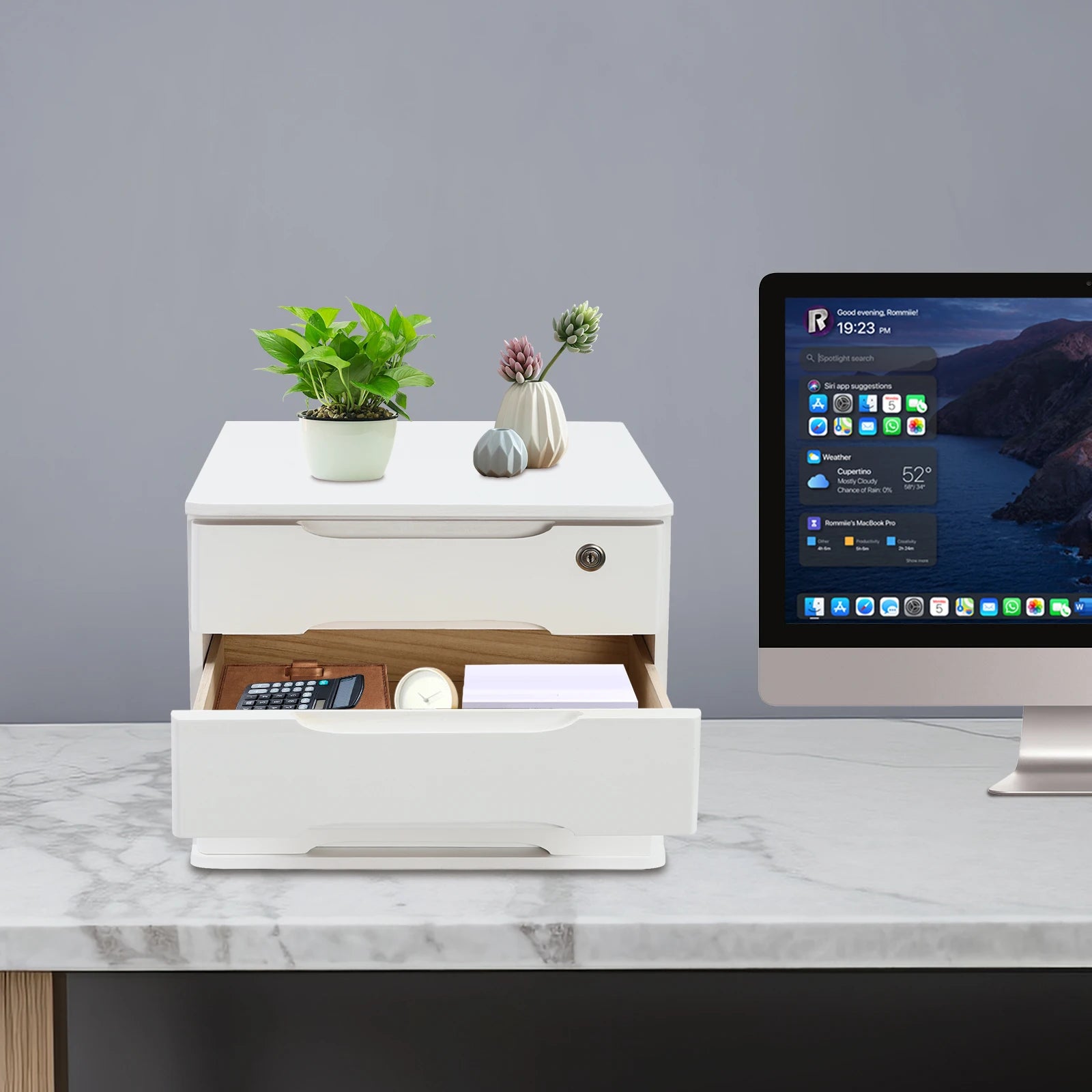 39*30*31cm 3-tier organizer wood desk with 3 drawers lockable desktop countertop storage cabinet for home office white