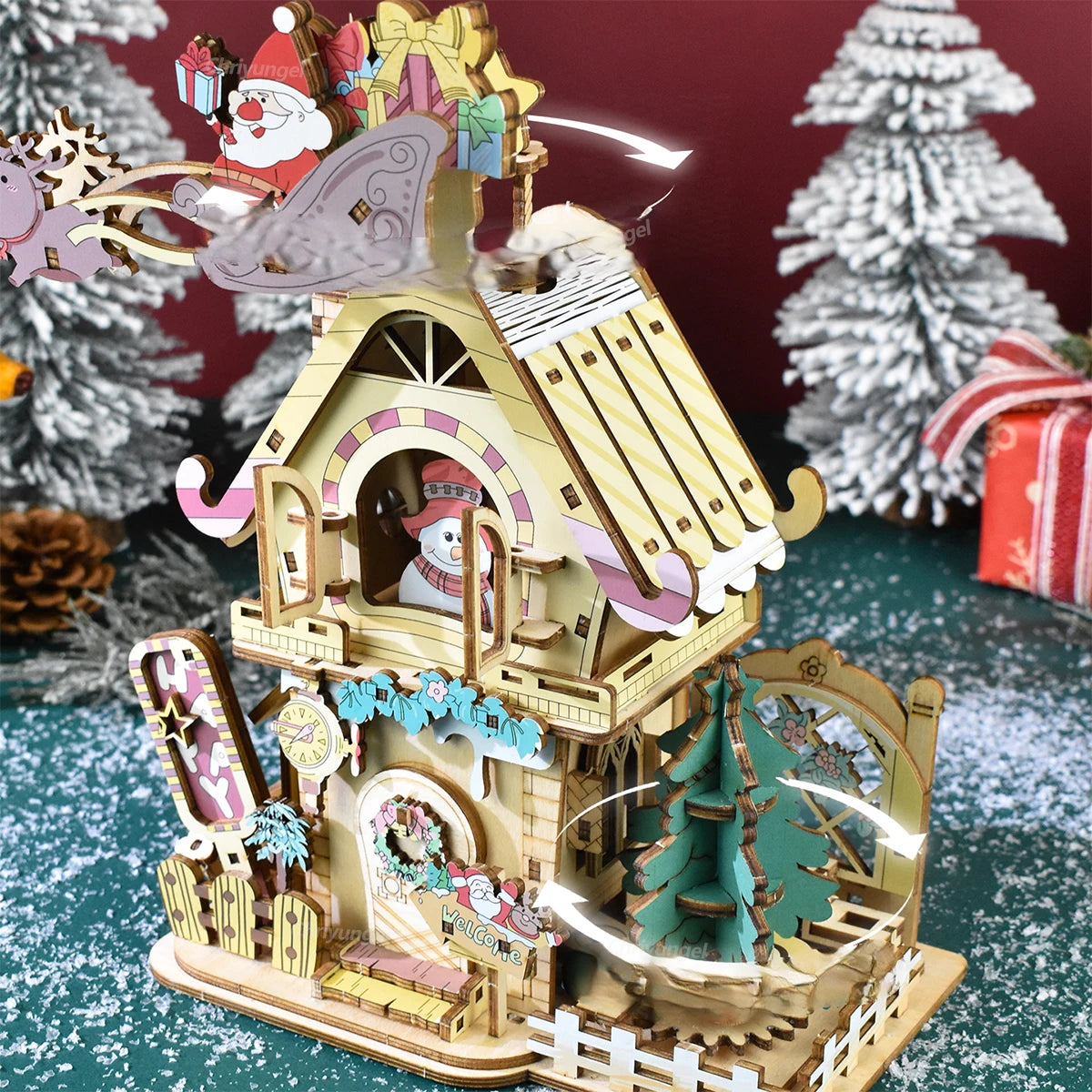 Chriyungel christmas music box diy assembly 3d wooden puzzles rotating model building kits decor xmas gift for adults