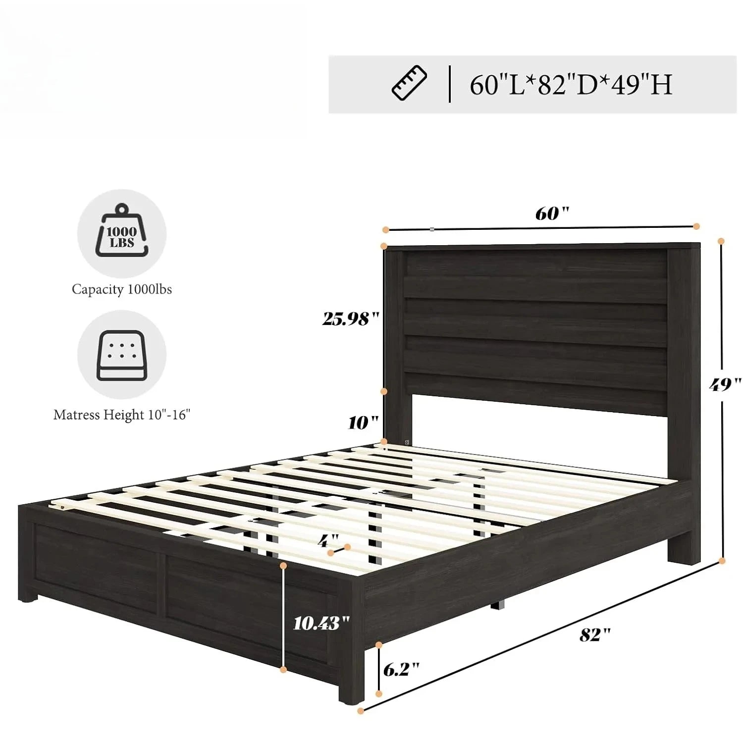 Farmhouse queen size bed frame with 49’’ tall headboard platform natural wood grain no box spring needed/noise free