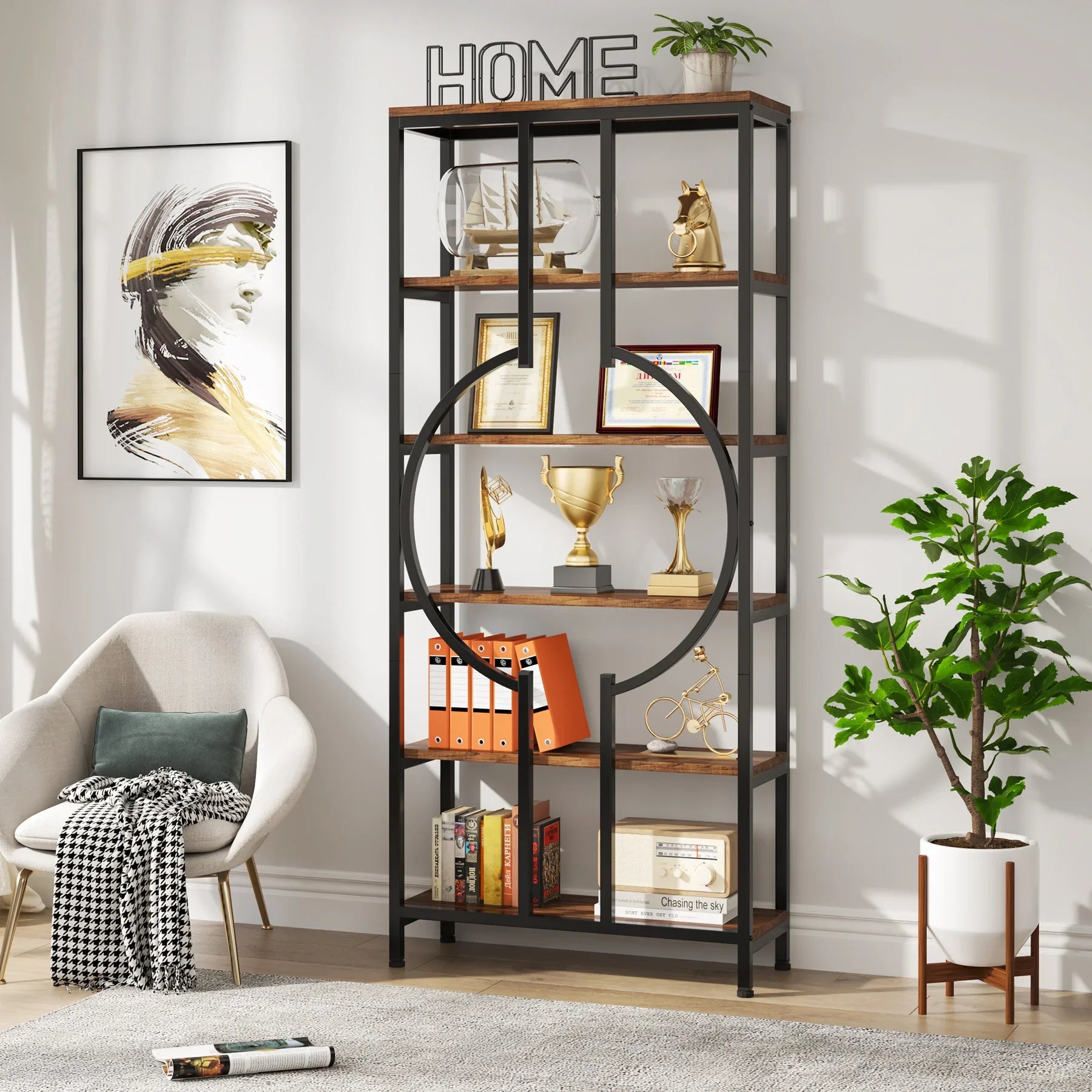 Tribesigns industrial bookshelf tall bookcase with open shelves wood and metal display shelf storage