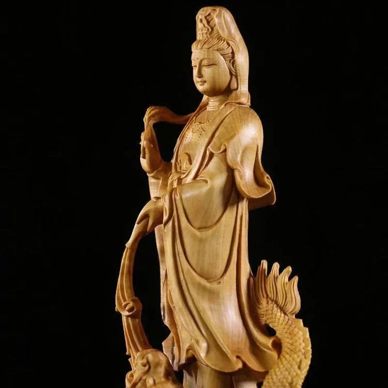 1 pc solid wood carving dragon guanyin desktop decoration living room bookcase crafts daily gift giving pray