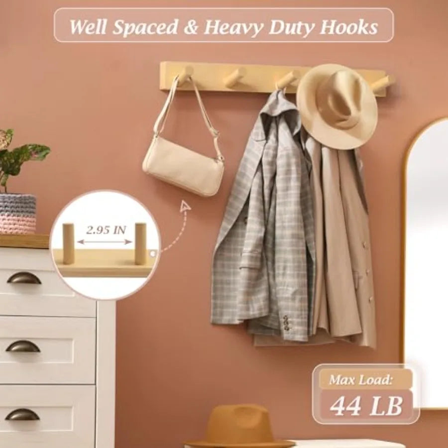Coat rack wall mount wooden hanger with 5 hooks heavy duty tural 1 pcs - united states