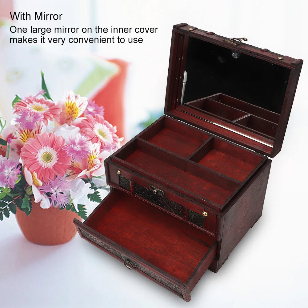 Vintage wooden jewelry box case holder necklace earrings storage organizer with mirror wood - box
