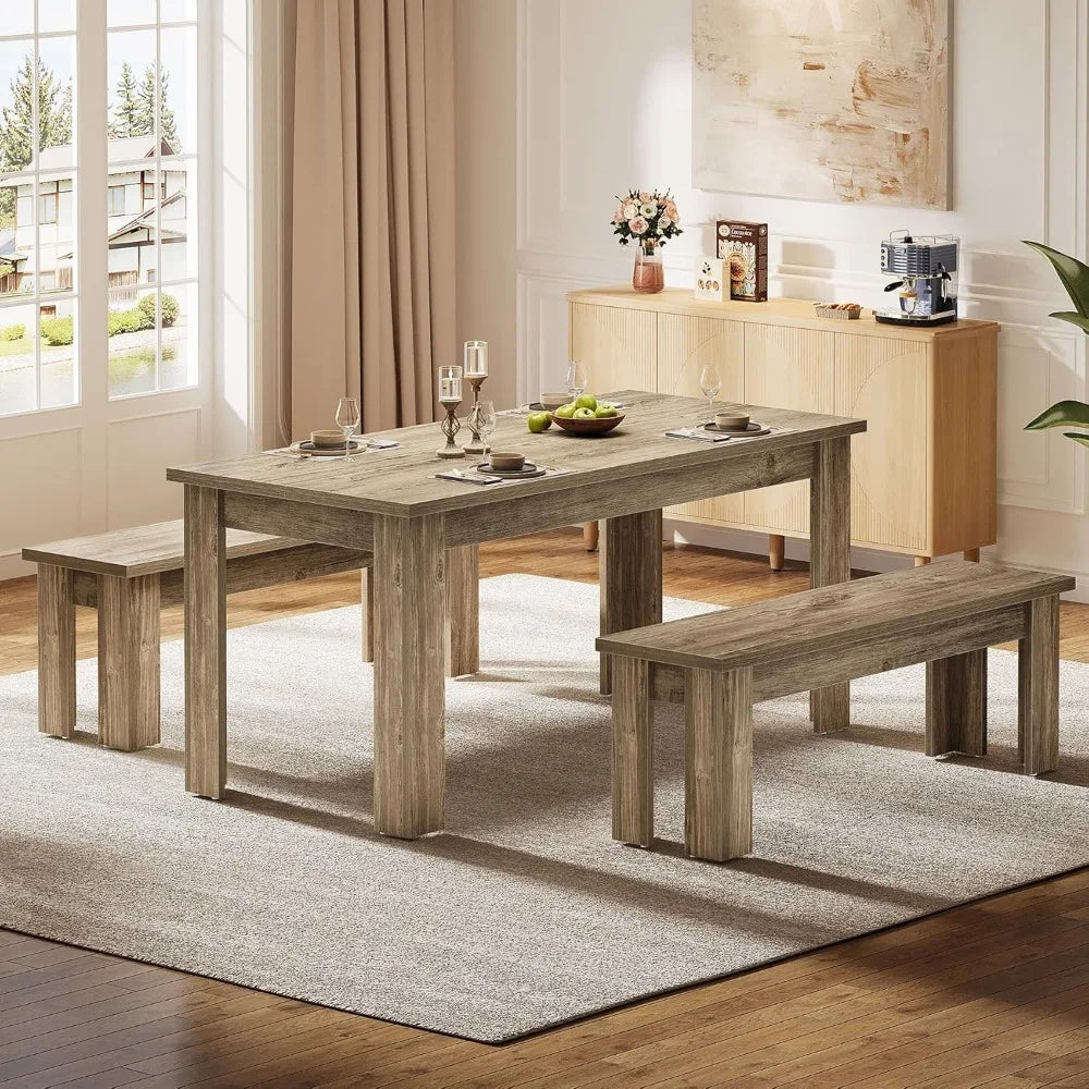 Rectangular 55.1-inch dining table set for 6 with 2 benches and 3 wooden pieces - united states / brown