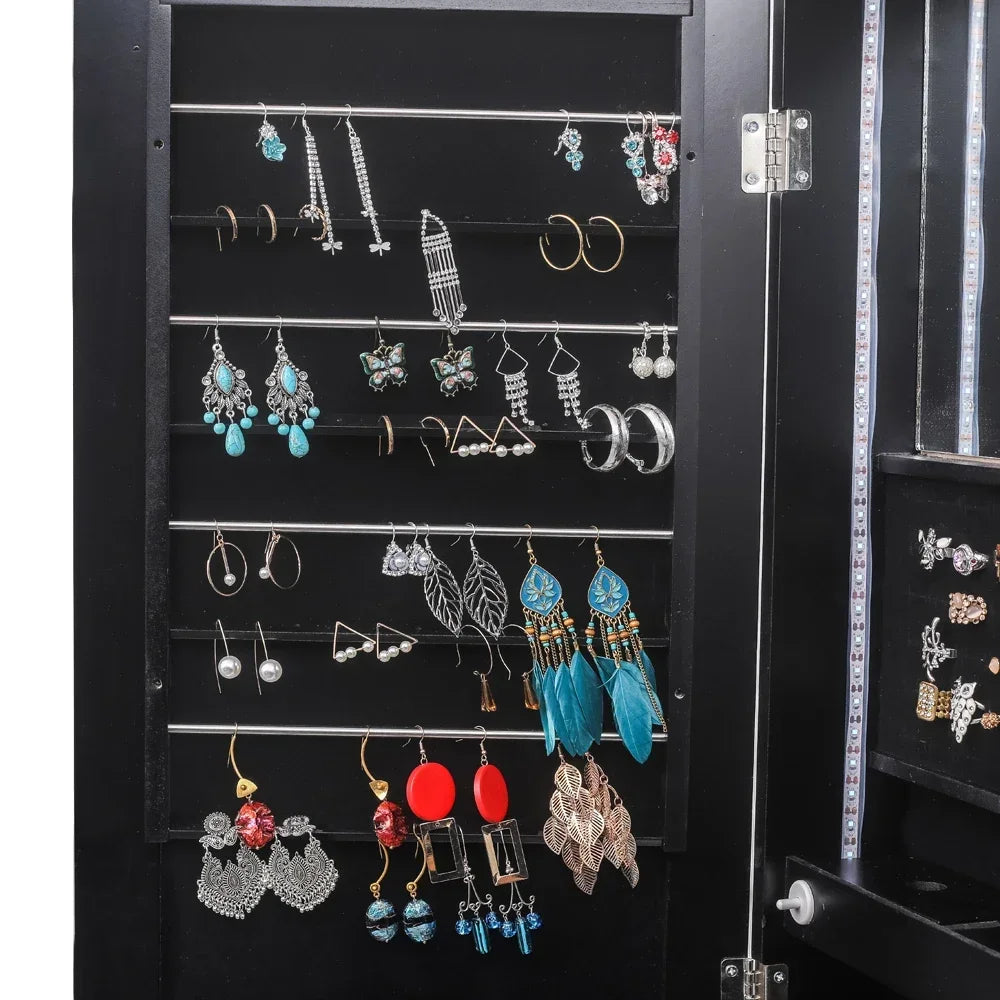 79 blue led jewelry cabinet storage upright with long mirror（black） - black