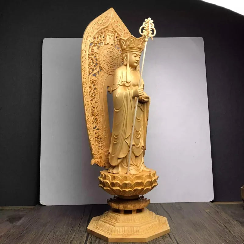 Jizo bodhisattva wood carving statue pili crown acala deity feng shui decor collectible buddhist sculpture - religious