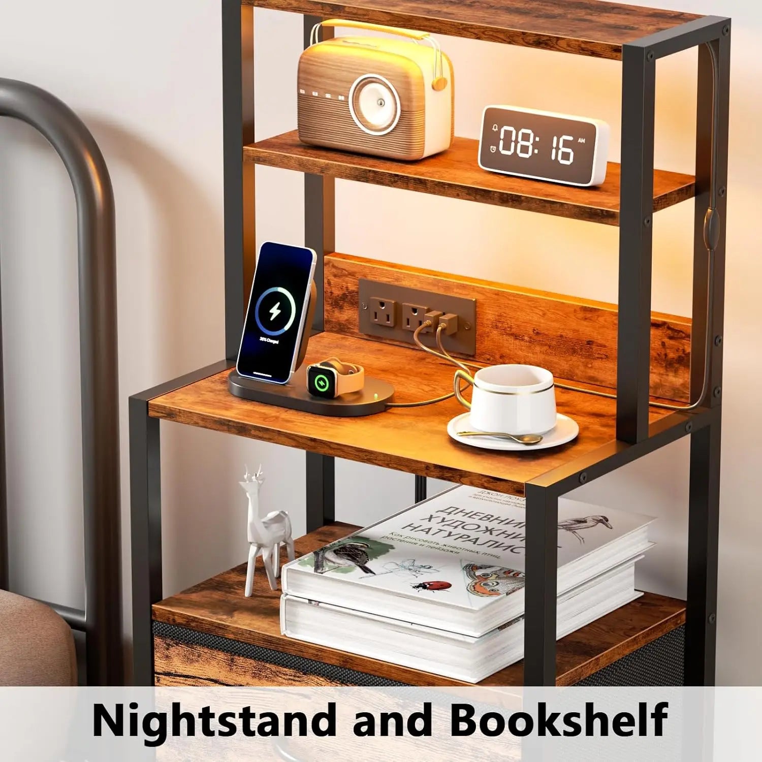 Night stand tall nightstand with 4-tier shelves and 3 fabric drawers led bed side tables charging station bedside table