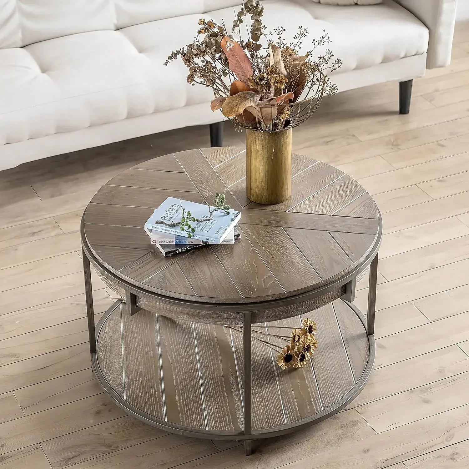 Wood round coffee table for living room 2 tier circle rustic with storage apartment - dark brown / united states
