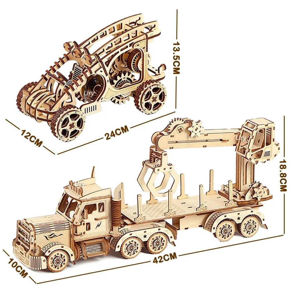 Ury 3d wooden puzzle movable retro biplane crane bulldozer handmade assembly truck model diy toys decoration gift