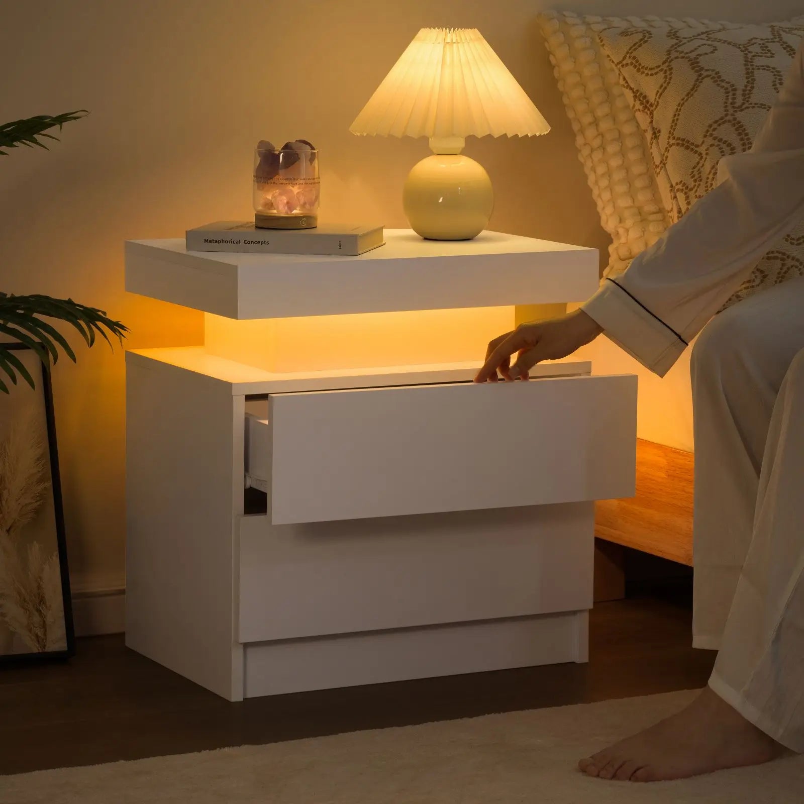 Cubehom led nightstands with 2 drawers end table rgb lights for bedroom living room white bedside
