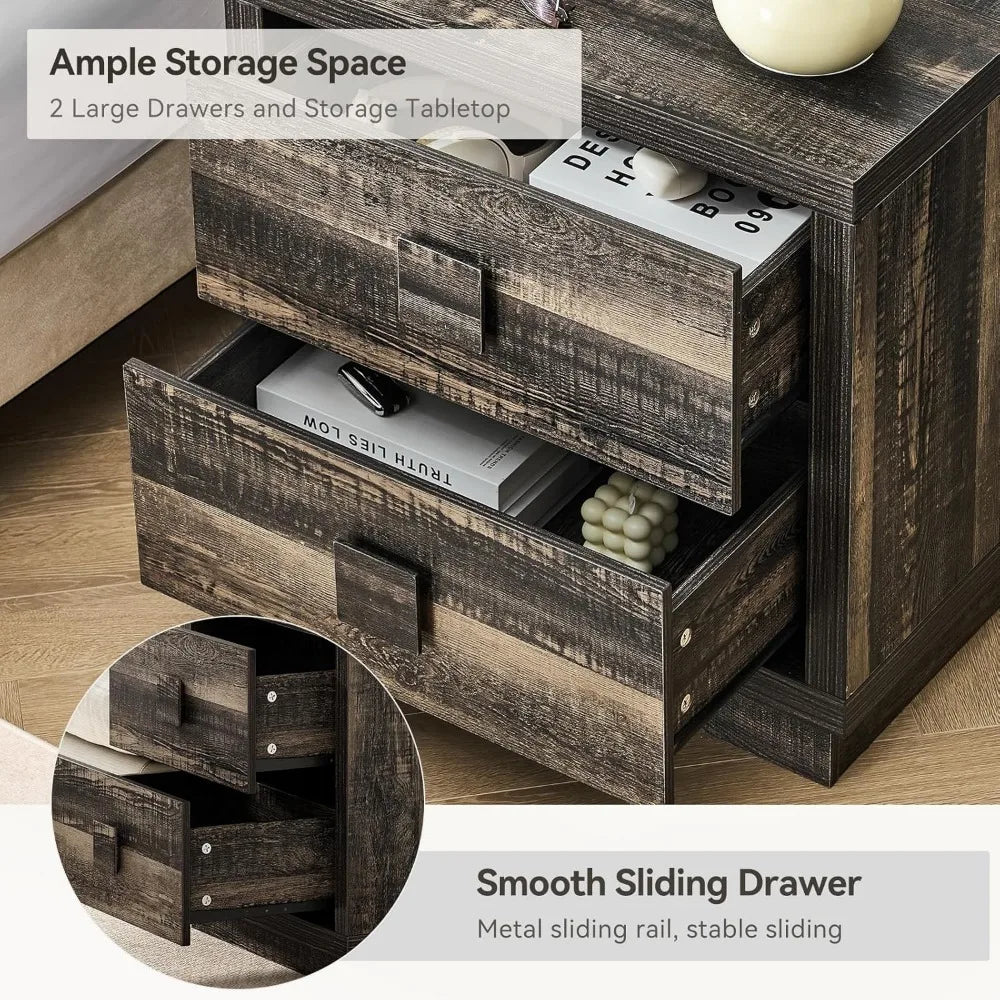 23.4’’ modern 2-drawer nightstand with charging station for bedroom wooden bedside table - united states / dark rustic
