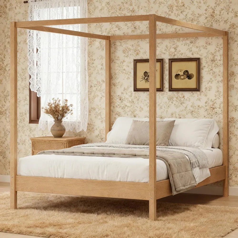 Queen size solid wood four poster canopy bed frame with platform slats support - light natural / united states