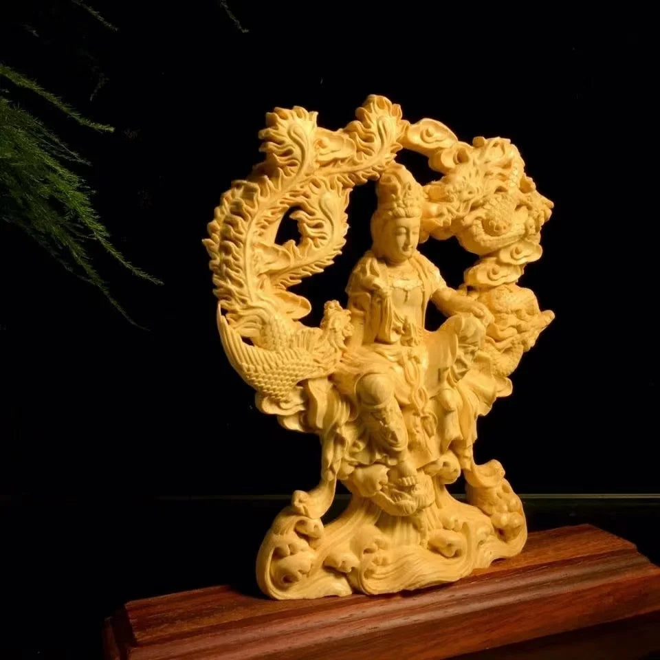 Chinese guanyin woodcarving dragon and phoenix statue solid wood carving home decor buddha - 22x21x4.5cm - religious