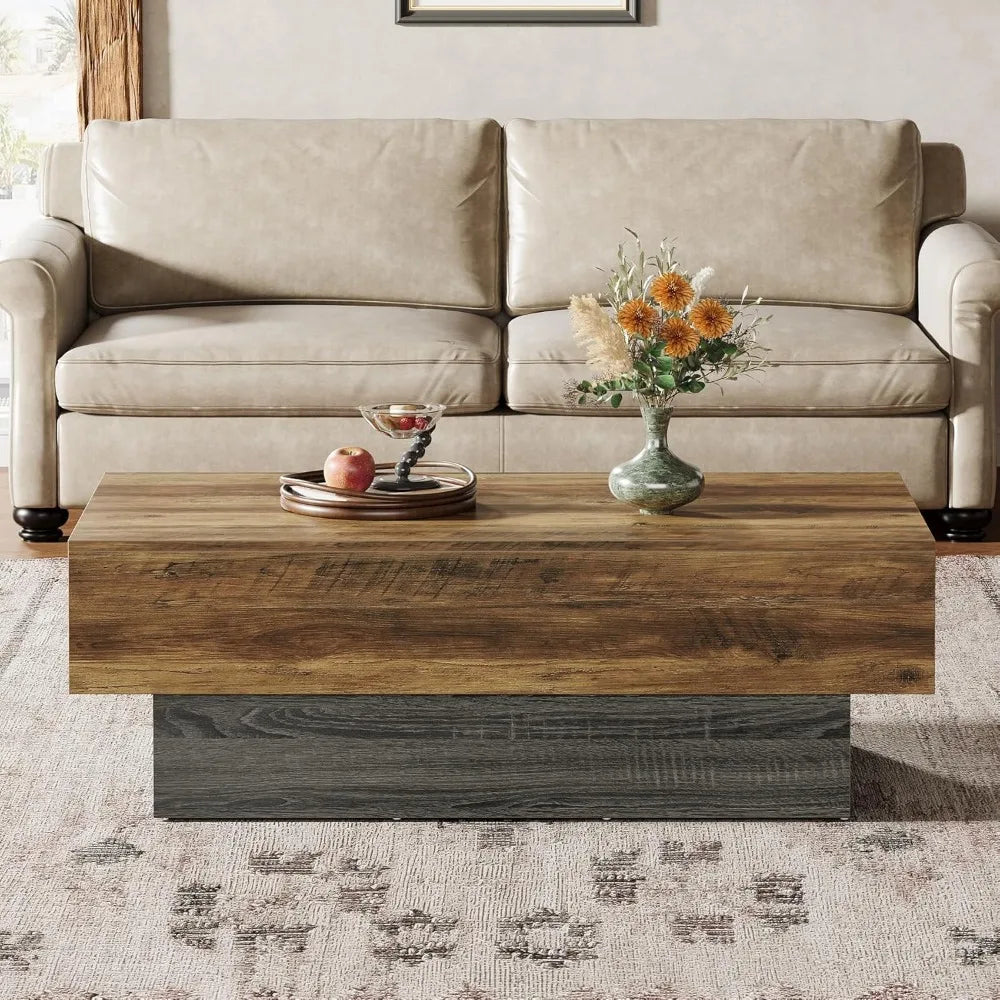 55-inch farmhouse wood coffee table rustic large rectangle tea vintage center for living room office - brown grey