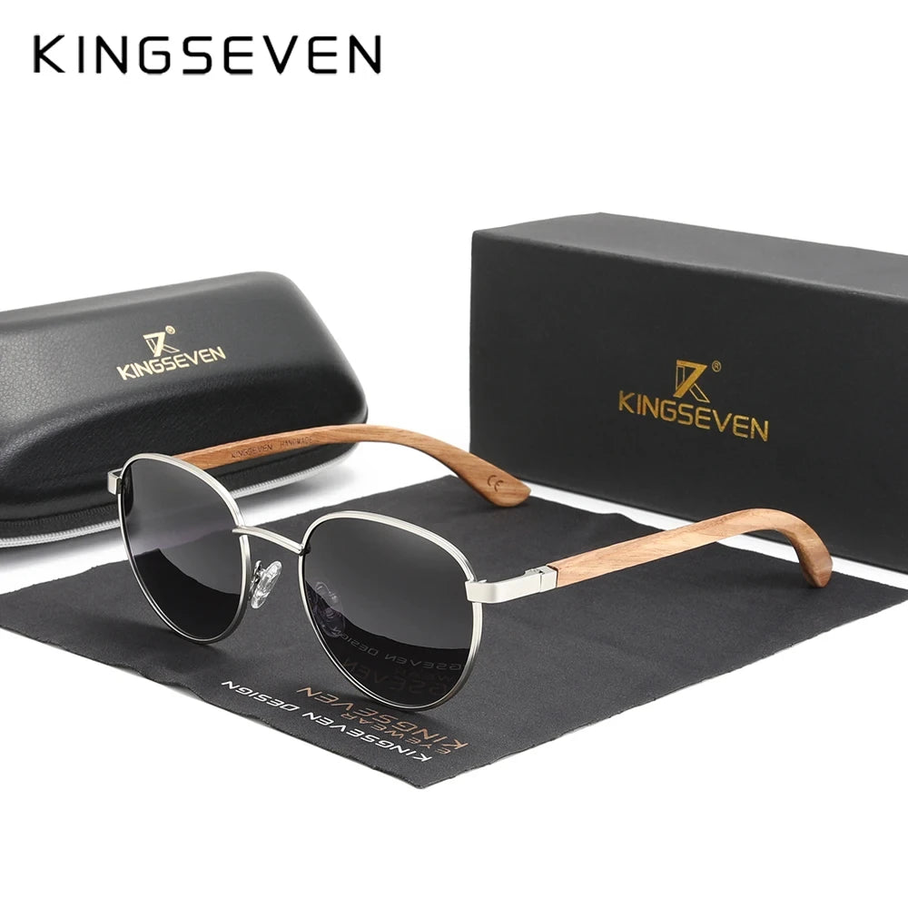 Kingseven round new sunglasses wooden polarized uv400 protect glasses hd tac lens for men women handmade gift eyewear