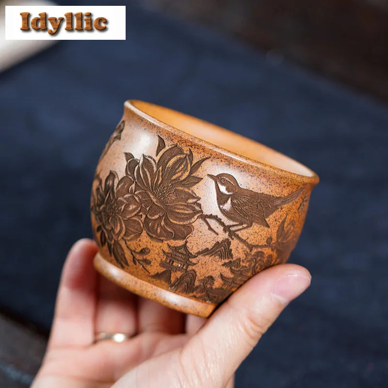 225ml purple clay wood-fired porcelain flowers and birds teacup zen tea bowl jug tea-tasting fragrance cup chazhan