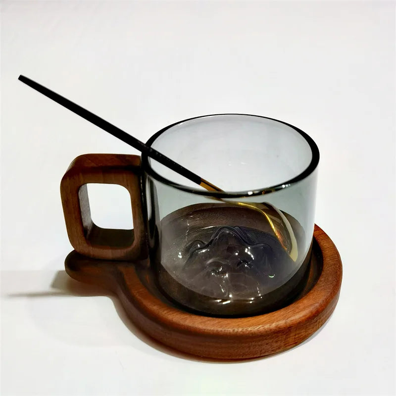 110ml small capacity espresso glass coffee mug with wooden tray spoon reusable tea art home barista accessories - red