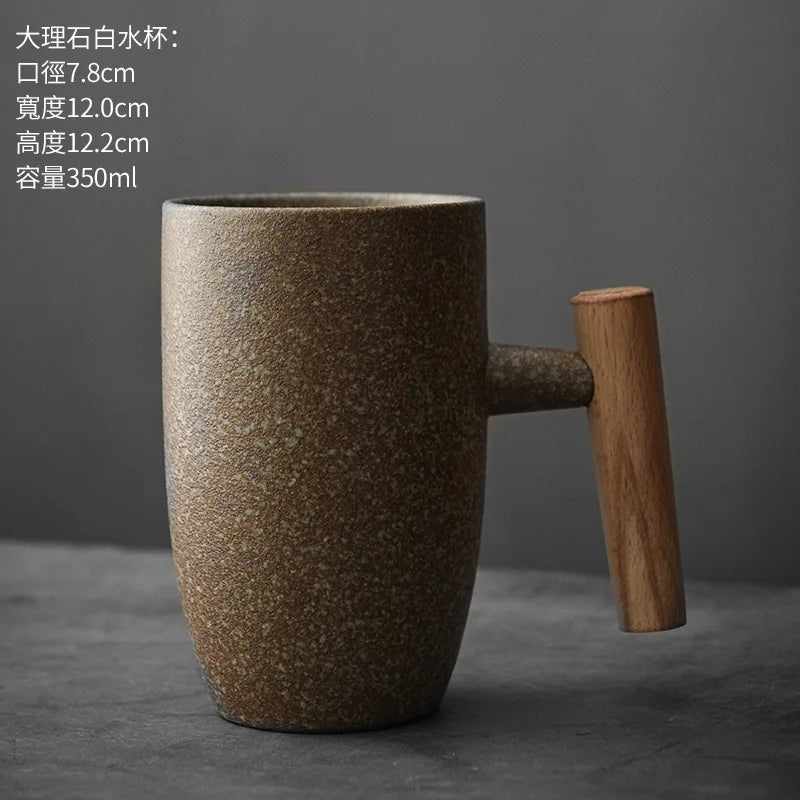 350ml creative japanese ceramic coffee cup kiln changed wooden handle latte mug large capacity water retro tea set - 01