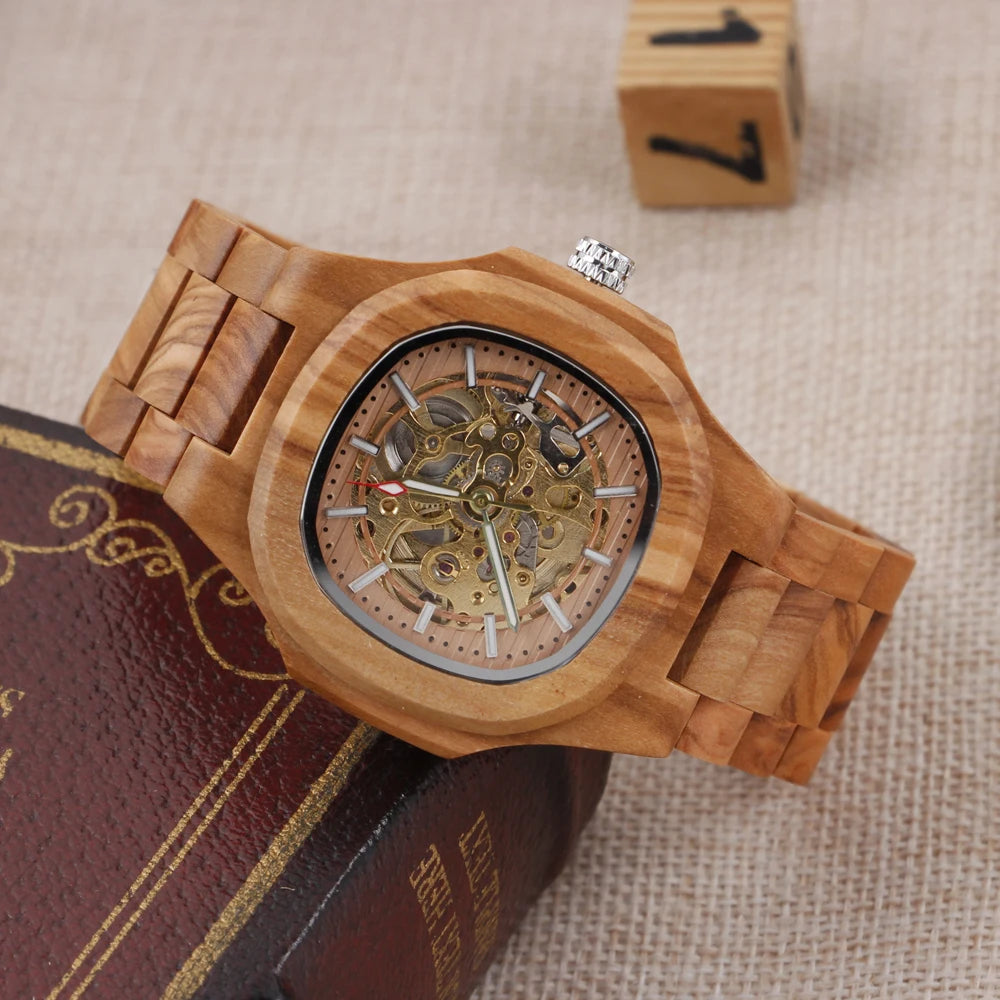 Luxury brown wood skeleton automatic watch classic steampunk-inspired design ideal holiday gift for men - wood watch