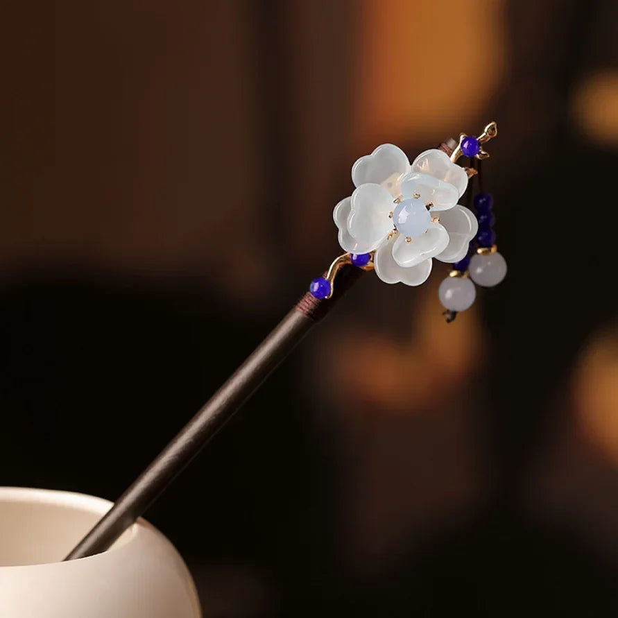 Retro flower hair forks long tassels wooden sticks pearls bead step shake chinese wedding bridal hairpins clips jewelry