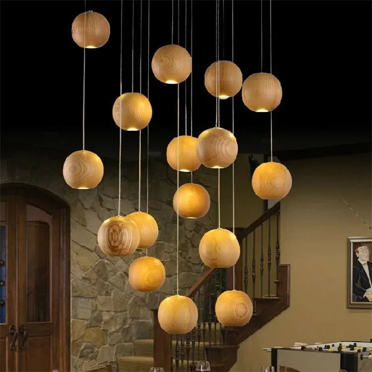 Designer’s solid wood pendant light creative art kitchen restaurant hanging lamp new chinese hotel wooden ball bar led