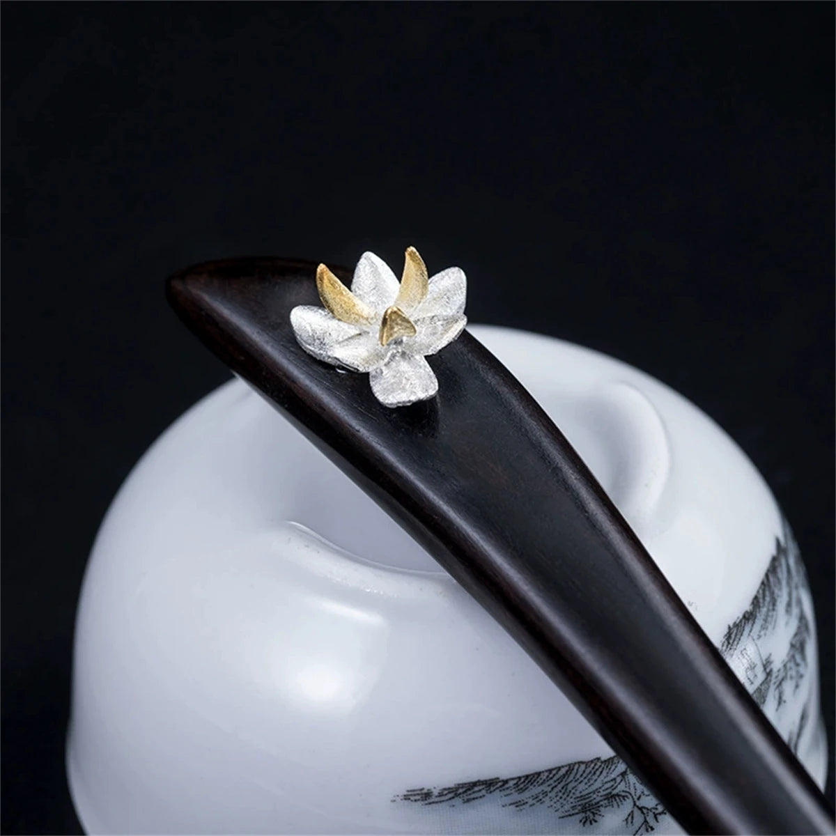 New 100% s925 pure silver women’s men retro hairpin ebony wood magnolia blossom chinese style hanfu hair accessories