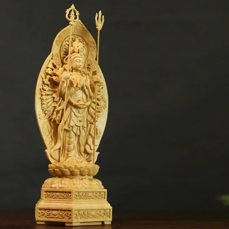 Feng shui buddha carving boxwood thousand-hand guanyin sculpture home decor - high 20cm - religious (buddhist)