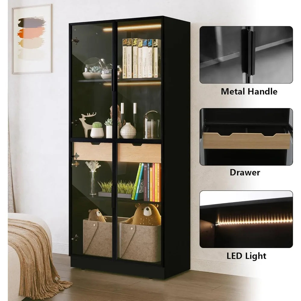 Display cabinet with glass doors tall storage 3 color lights curio case 4-tier shelves