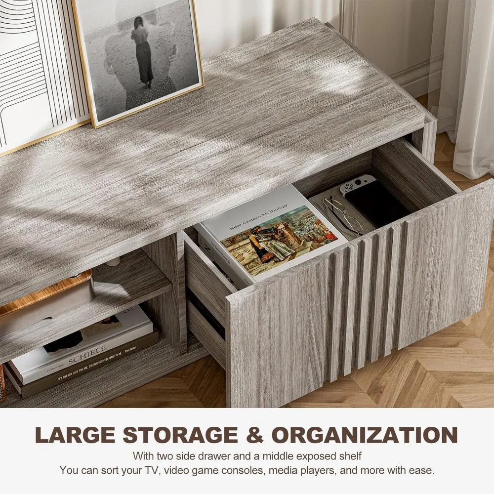 70’’ tv stand for tvs up to 75’’ media entertainment center console table with oversize drawers and 2-tier open shelves