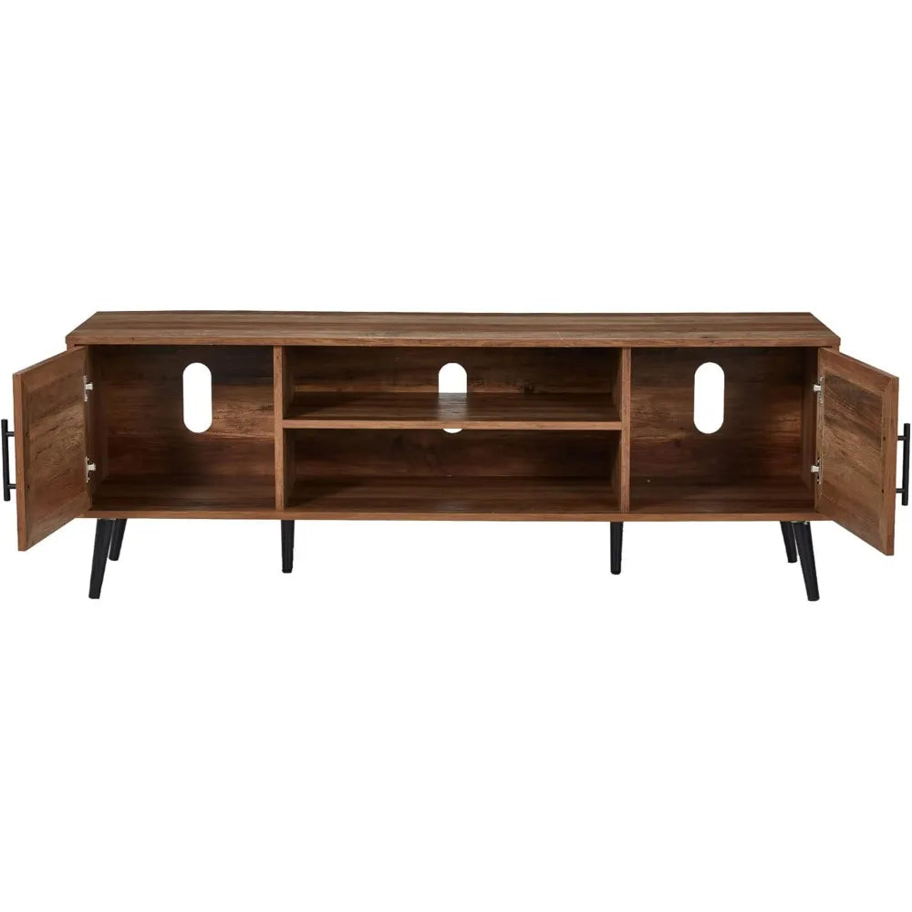 Mid century modern wooden tv stand entertainment center console with open shelving and 2 cabinets for televisions