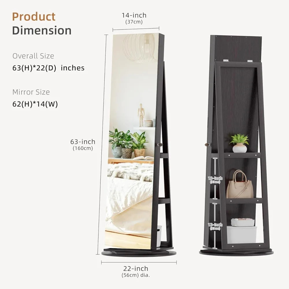 Full length mirror armoire with led lights lockable cabinet jewelry storage 360 swivel