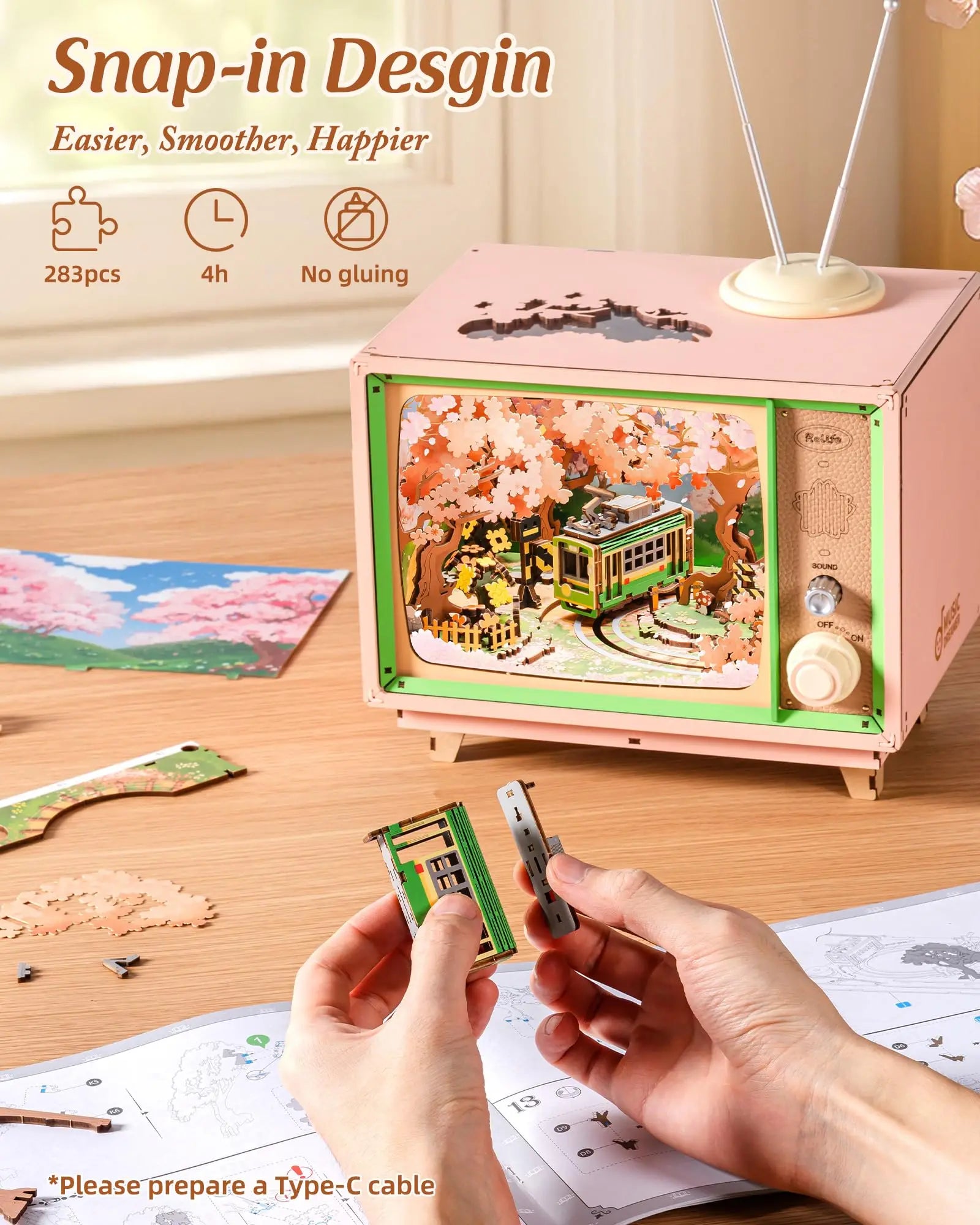 Robotime rolife sakura dreamy tour 3d wooden puzzle music box with light therapeutic home decor unique gift