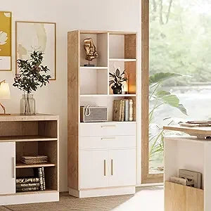 Book shelf with storage 59 inches tall bookshelf doors modern bookcase 5 cubes and 2 drawers wood for hom - light