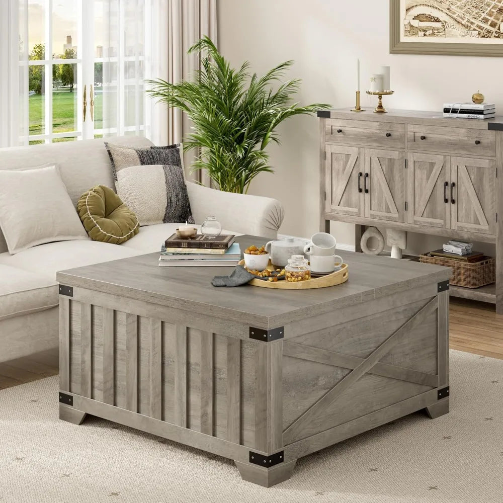Farmhouse coffee table with storage 35.4’’ square center hinged lift top vintage wood cocktail thickened - ash gray
