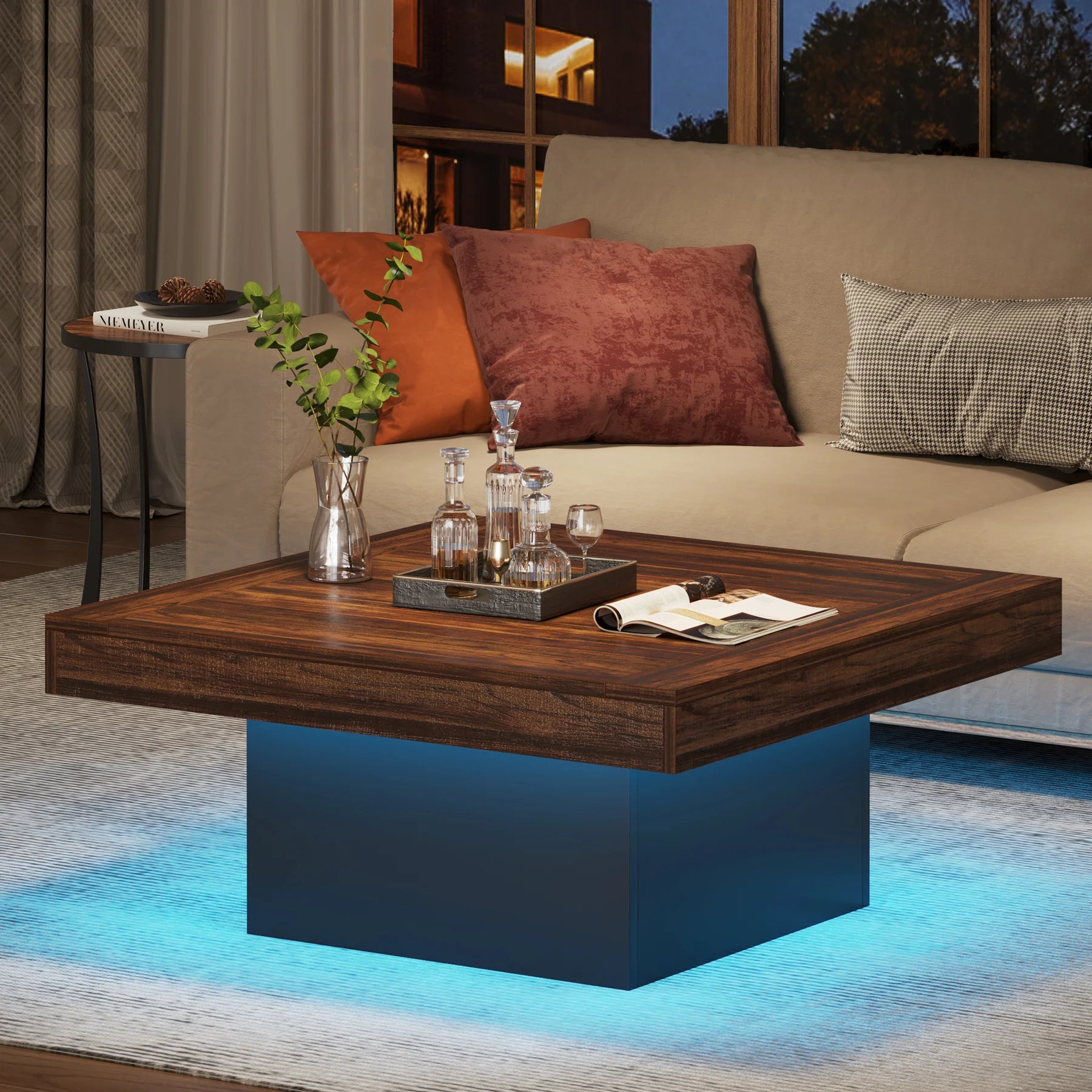 Tribesigns coffee table square led engineered wood low for living room rustic brown & black - united states