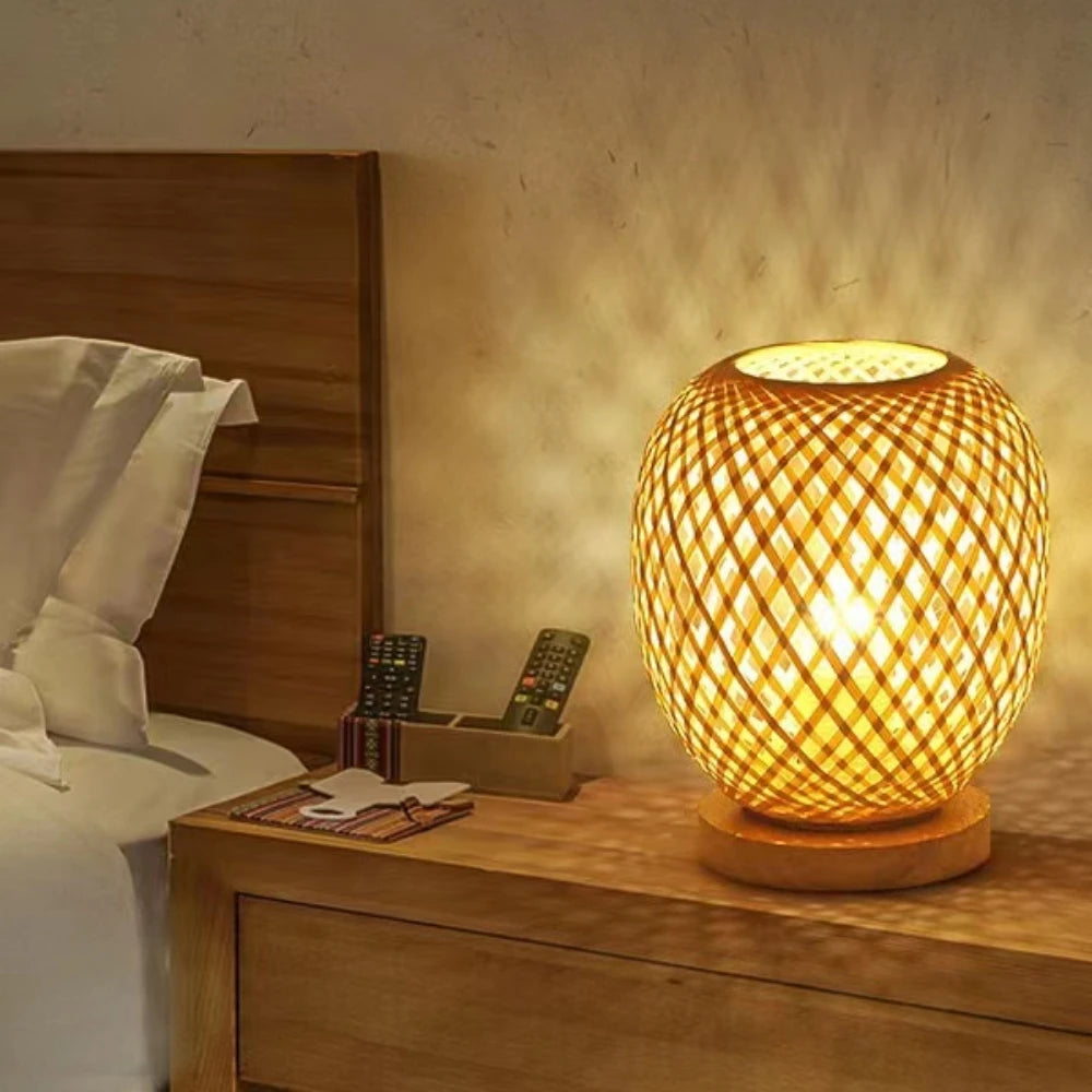 Led table lamp wood bamboo light dimmable rattan lampshade plug bedroom bedside night home decor