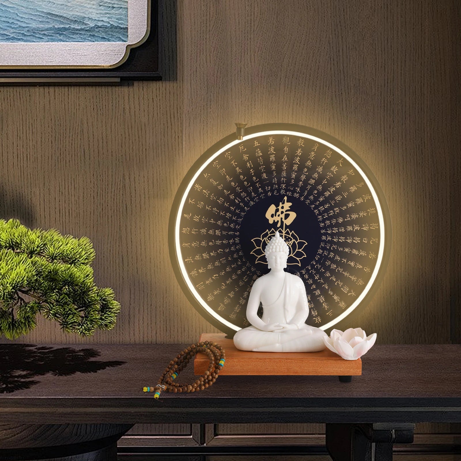 Buddha statue decoration ceramic with circle led lamp for decor white/red/yellow/blue 11.8*4.7*13in - religious
