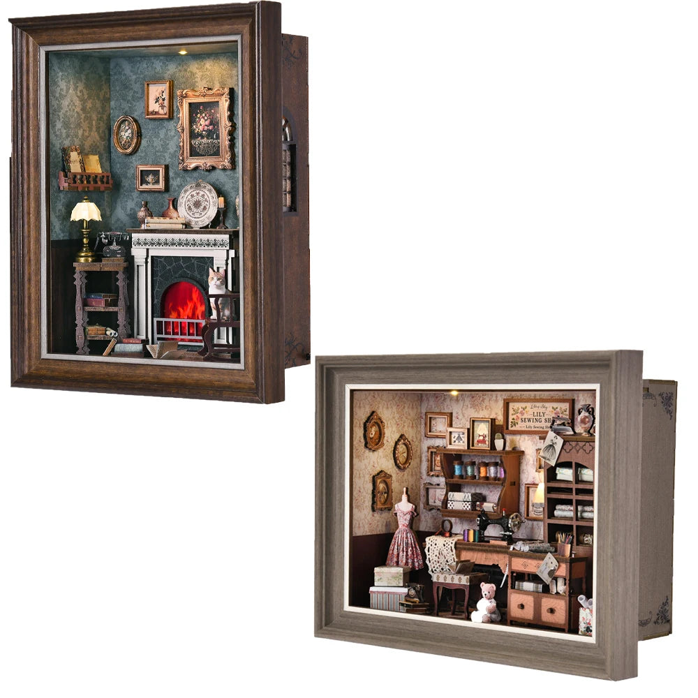 Book nook kit fireplace diy 3d wooden puzzle photo frame ornament bookshelf dollhouse model bookend building home