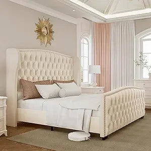 Queen platform bed frame with wingback headboard velvet upholstered handmade button tufted & nailhead wooden sl
