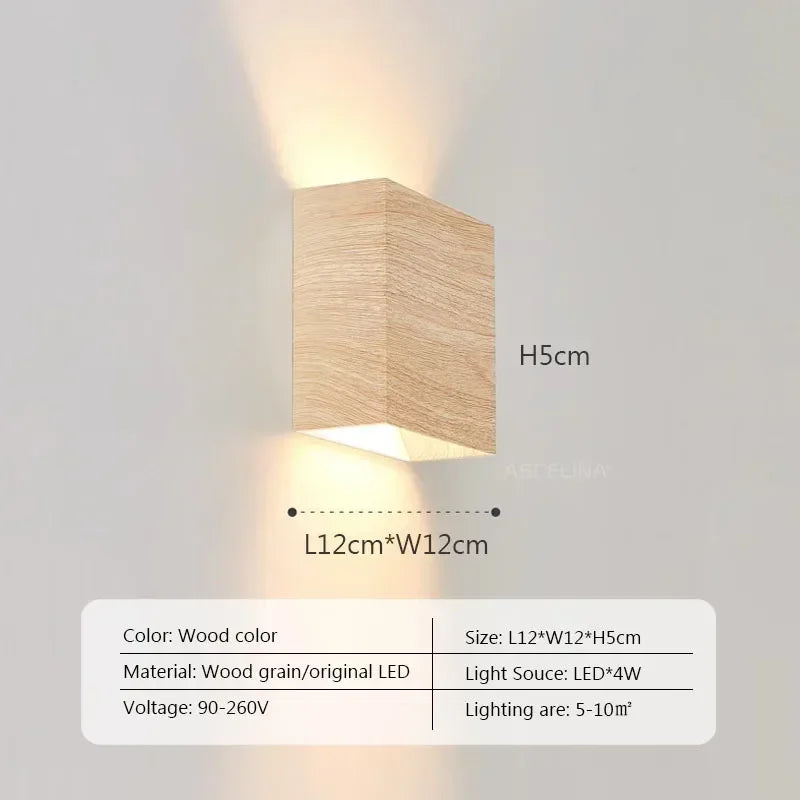 Nordic led wall lamp minimalist water transfer wood grain square sconce for bedroom bedside hallway decor light